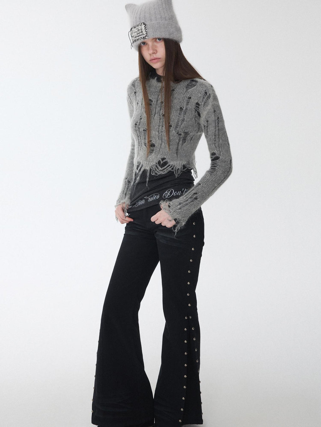 1JINN STUDIO Cozy Thermal Mohair Distressed Polka Dot Straight Fit Women Knit Sweaters