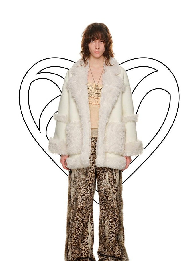 1JINN STUDIO Cozy Two Piece Sweet Relaxed Midlength Toggle Collar Women Faux Fur Coats
