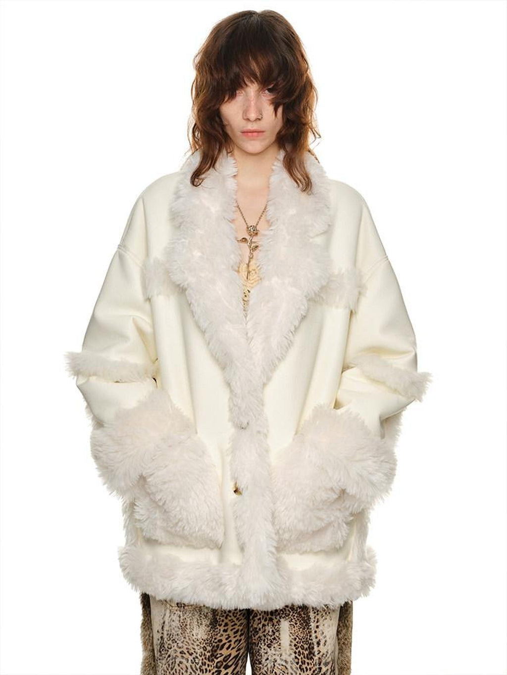 1JINN STUDIO Cozy Two Piece Sweet Relaxed Midlength Toggle Collar Women Faux Fur Coats