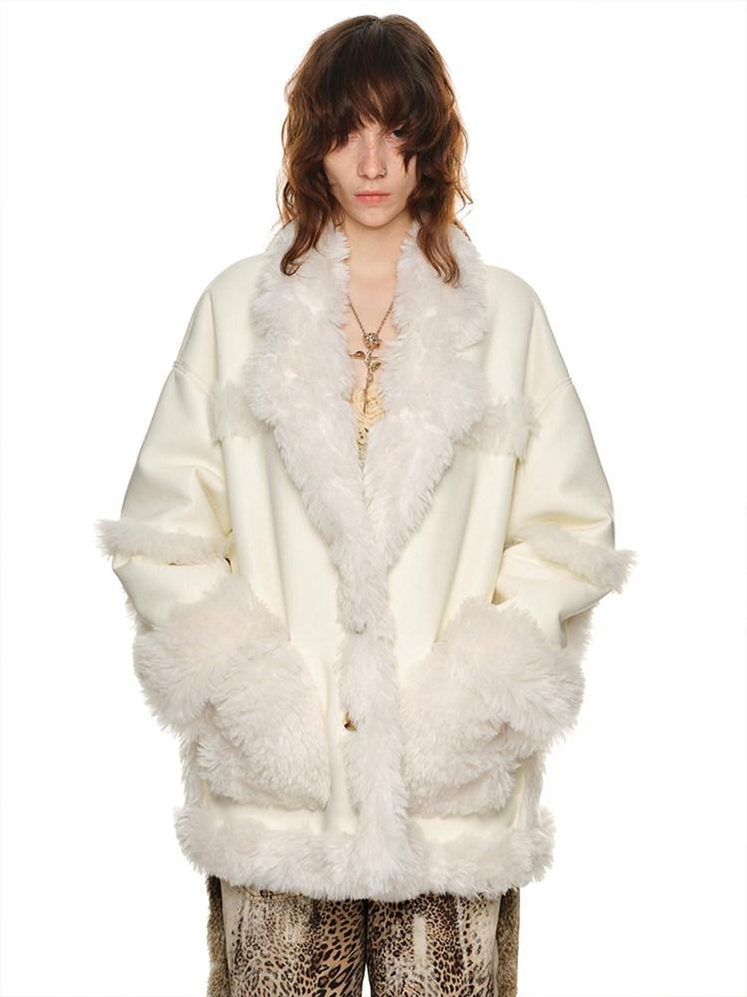 1JINN STUDIO Cozy Two Piece Sweet Relaxed Midlength Toggle Collar Women Faux Fur Coats