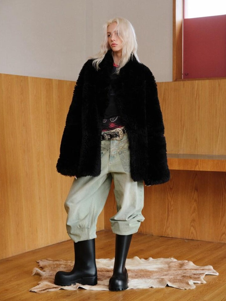 1JINN STUDIO Cozy Two Piece Sweet Relaxed Midlength Toggle Collar Women Faux Fur Coats