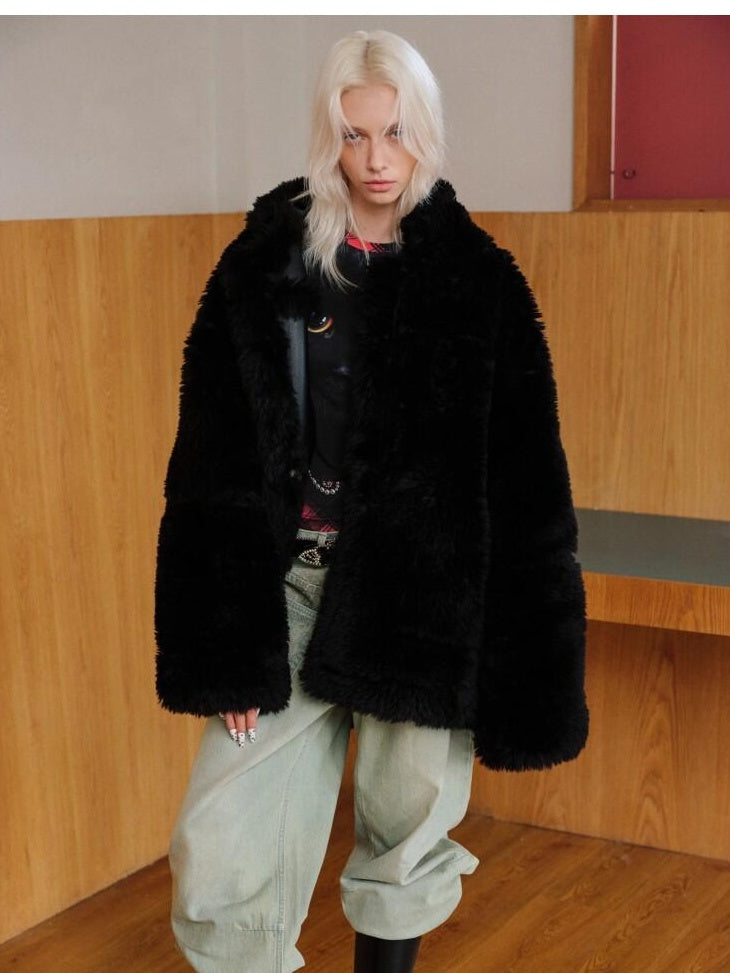 1JINN STUDIO Cozy Two Piece Sweet Relaxed Midlength Toggle Collar Women Faux Fur Coats