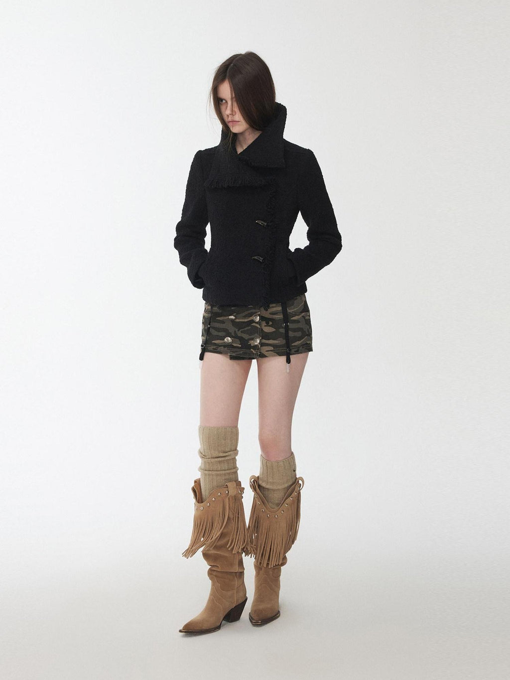 1JINN STUDIO Cozy Warm Short Tweed Fringe Straight Fit Casual Women Button Detail Wool Coats