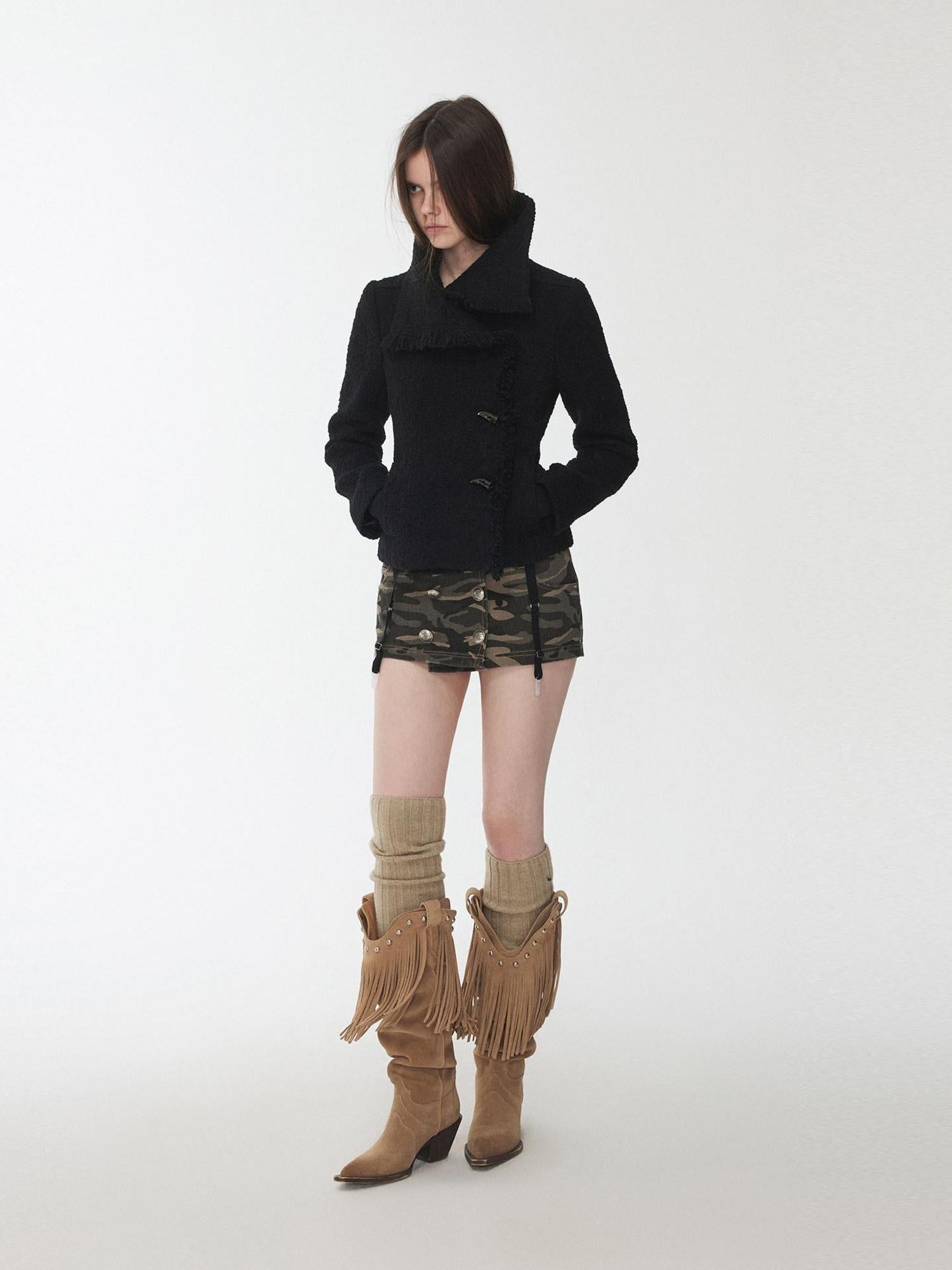 1JINN STUDIO Cozy Warm Short Tweed Fringe Straight Fit Casual Women Button Detail Wool Coats