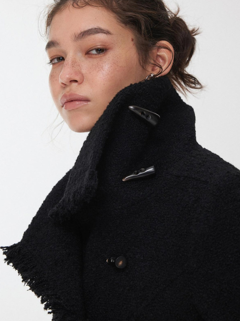 1JINN STUDIO Cozy Warm Short Tweed Fringe Straight Fit Casual Women Button Detail Wool Coats