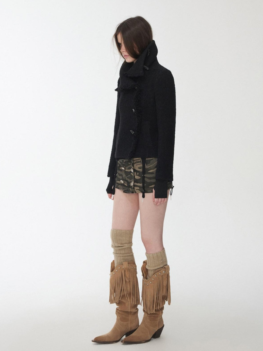 1JINN STUDIO Cozy Warm Short Tweed Fringe Straight Fit Casual Women Button Detail Wool Coats