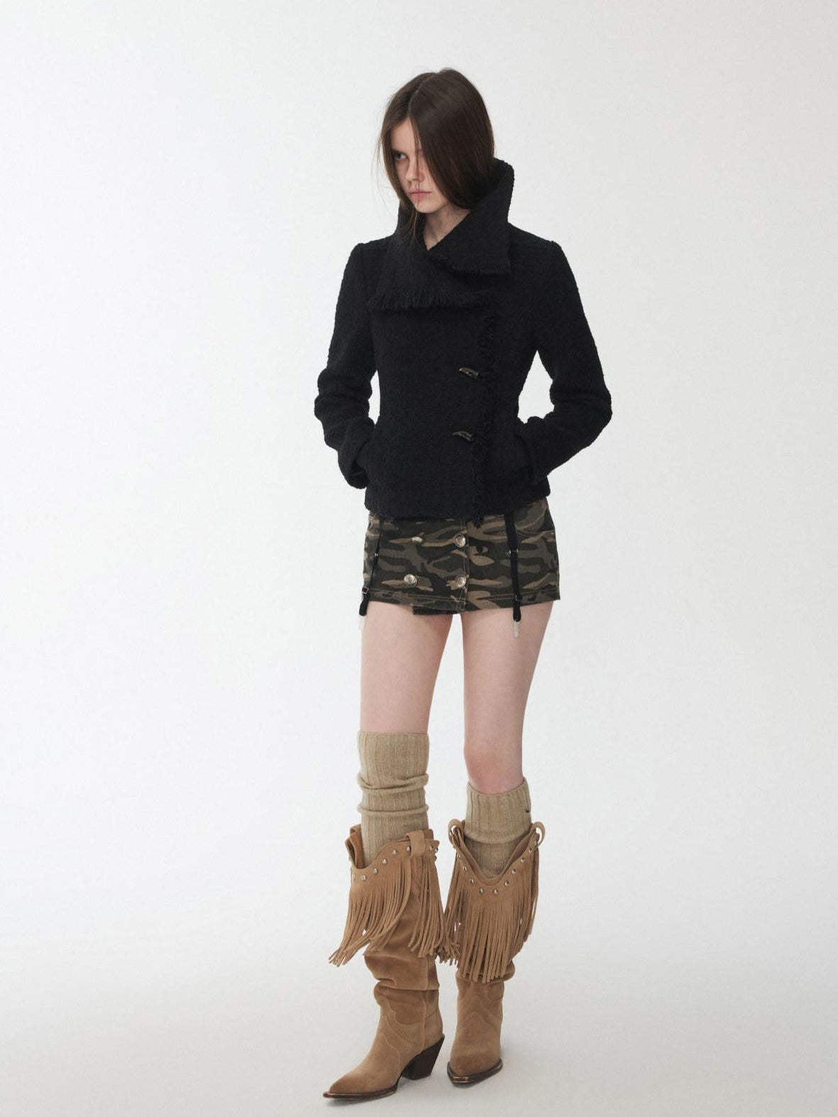 1JINN STUDIO Cozy Warm Short Tweed Fringe Straight Fit Casual Women Button Detail Wool Coats