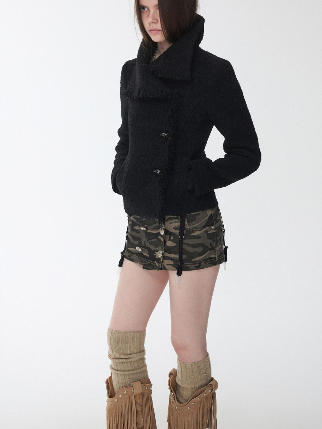 1JINN STUDIO Cozy Warm Short Tweed Fringe Straight Fit Casual Women Button Detail Wool Coats