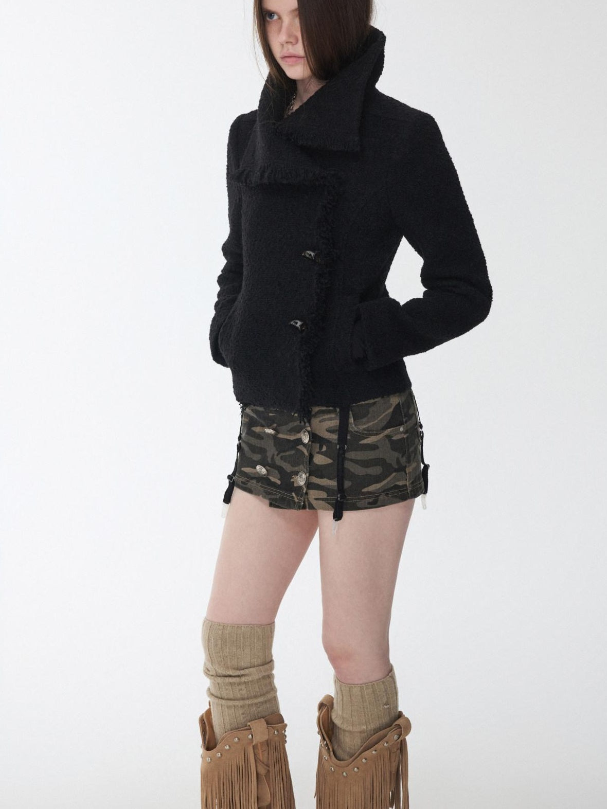 1JINN STUDIO Cozy Warm Short Tweed Fringe Straight Fit Casual Women Button Detail Wool Coats