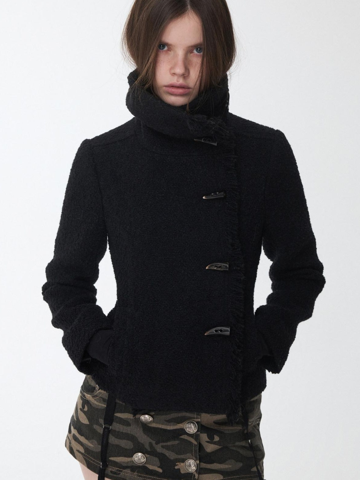 1JINN STUDIO Cozy Warm Short Tweed Fringe Straight Fit Casual Women Button Detail Wool Coats