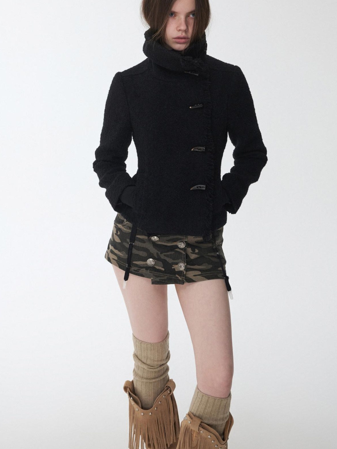 1JINN STUDIO Cozy Warm Short Tweed Fringe Straight Fit Casual Women Button Detail Wool Coats