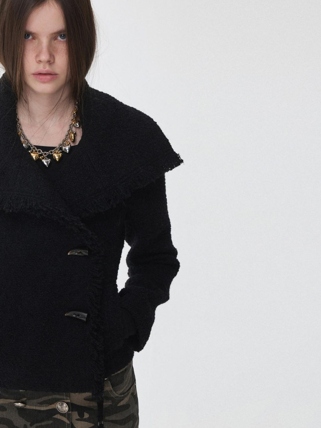 1JINN STUDIO Cozy Warm Short Tweed Fringe Straight Fit Casual Women Button Detail Wool Coats