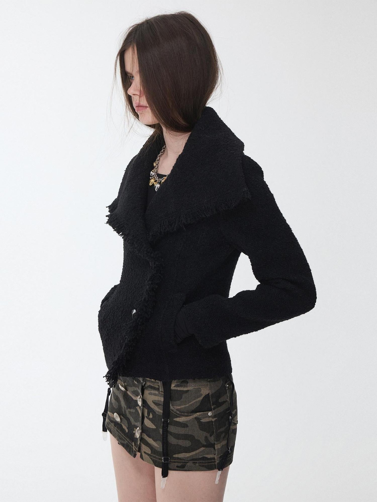 1JINN STUDIO Cozy Warm Short Tweed Fringe Straight Fit Casual Women Button Detail Wool Coats