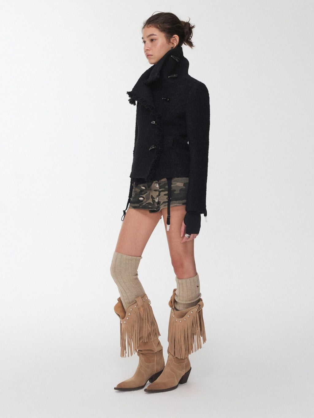 1JINN STUDIO Cozy Warm Short Tweed Fringe Straight Fit Casual Women Button Detail Wool Coats