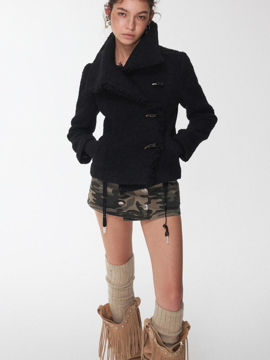 1JINN STUDIO Cozy Warm Short Tweed Fringe Straight Fit Casual Women Button Detail Wool Coats