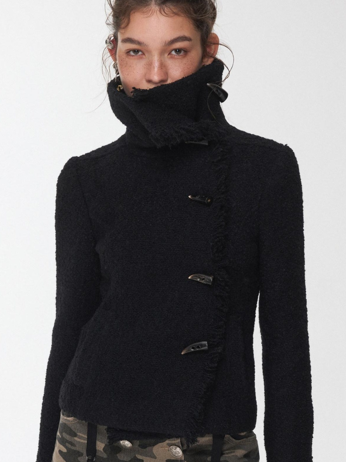1JINN STUDIO Cozy Warm Short Tweed Fringe Straight Fit Casual Women Button Detail Wool Coats