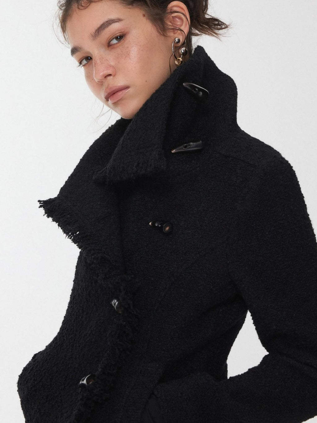 1JINN STUDIO Cozy Warm Short Tweed Fringe Straight Fit Casual Women Button Detail Wool Coats
