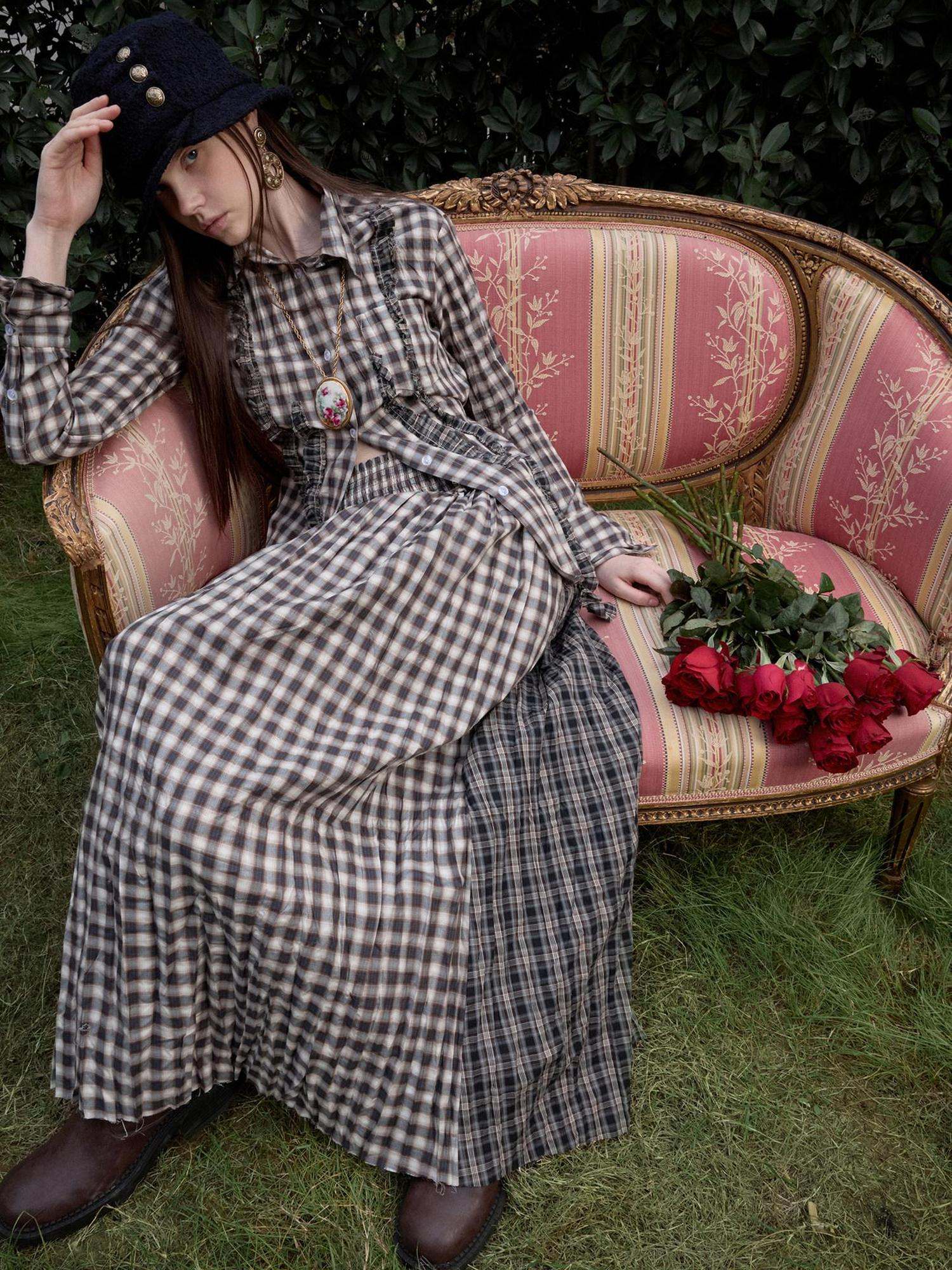 1JINN STUDIO Crinkle Checked Shirt With Pleated Maxi Skirt Women Casual Chic Top & Skirt Sets