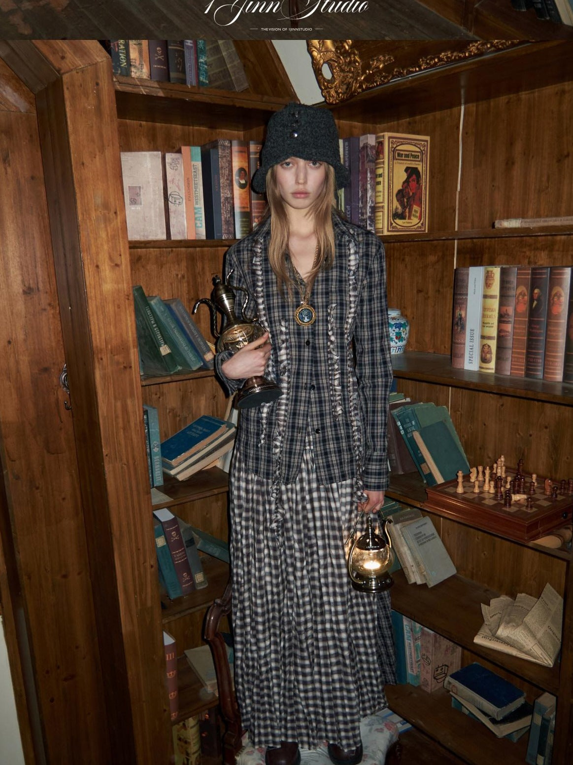 1JINN STUDIO Crinkle Checked Shirt With Pleated Maxi Skirt Women Casual Chic Top & Skirt Sets