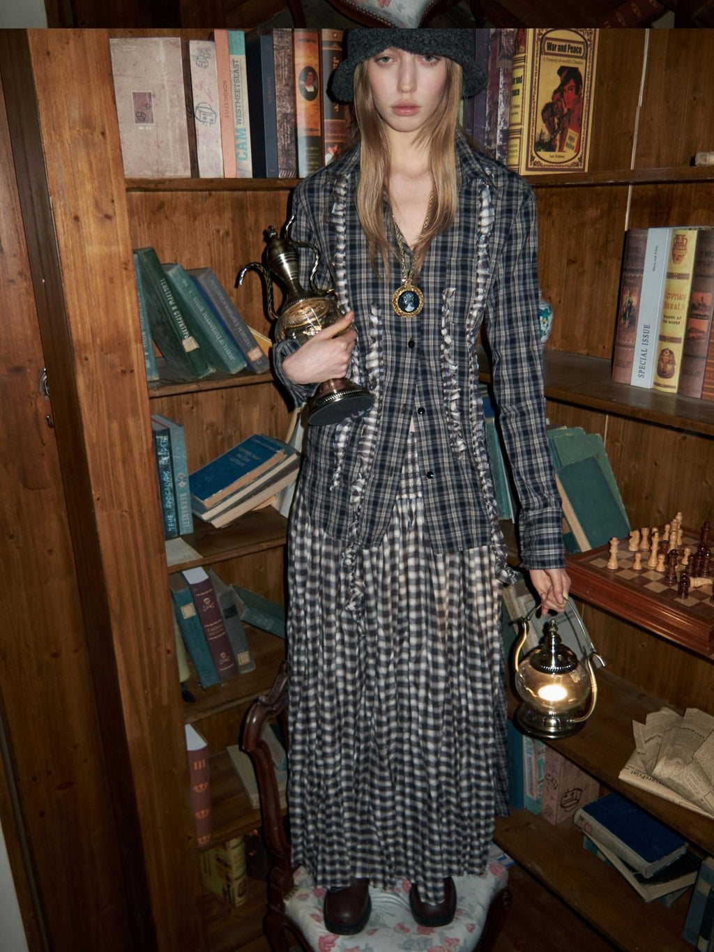1JINN STUDIO Crinkle Checked Shirt With Pleated Maxi Skirt Women Casual Chic Top & Skirt Sets