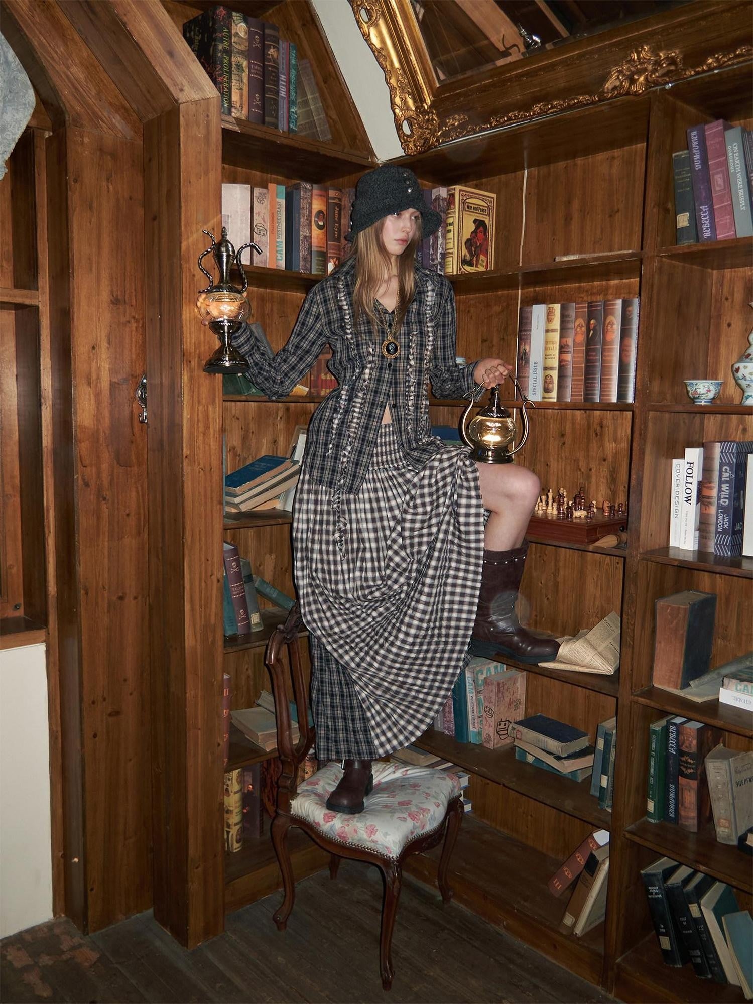 1JINN STUDIO Crinkle Checked Shirt With Pleated Maxi Skirt Women Casual Chic Top & Skirt Sets