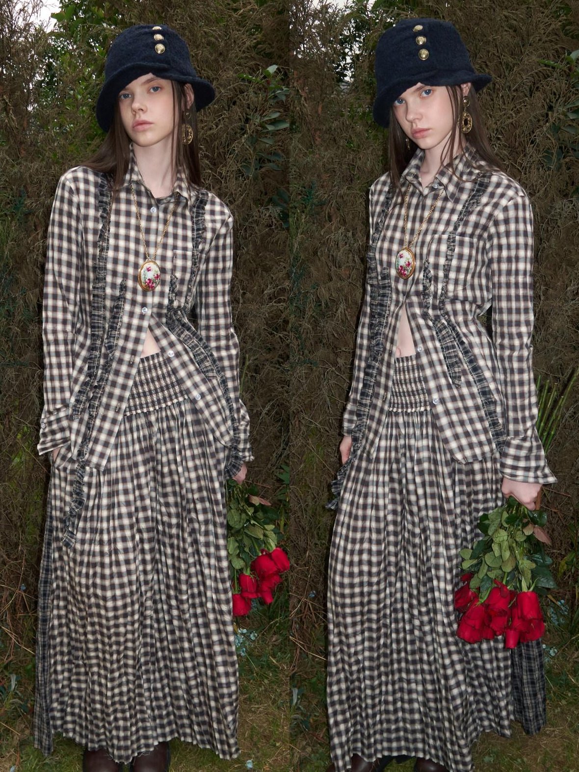 1JINN STUDIO Crinkle Checked Shirt With Pleated Maxi Skirt Women Casual Chic Top & Skirt Sets