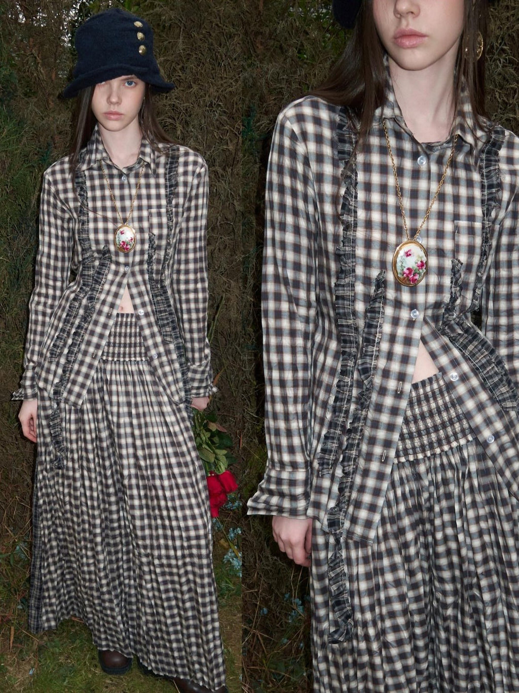 1JINN STUDIO Crinkle Checked Shirt With Pleated Maxi Skirt Women Casual Chic Top & Skirt Sets