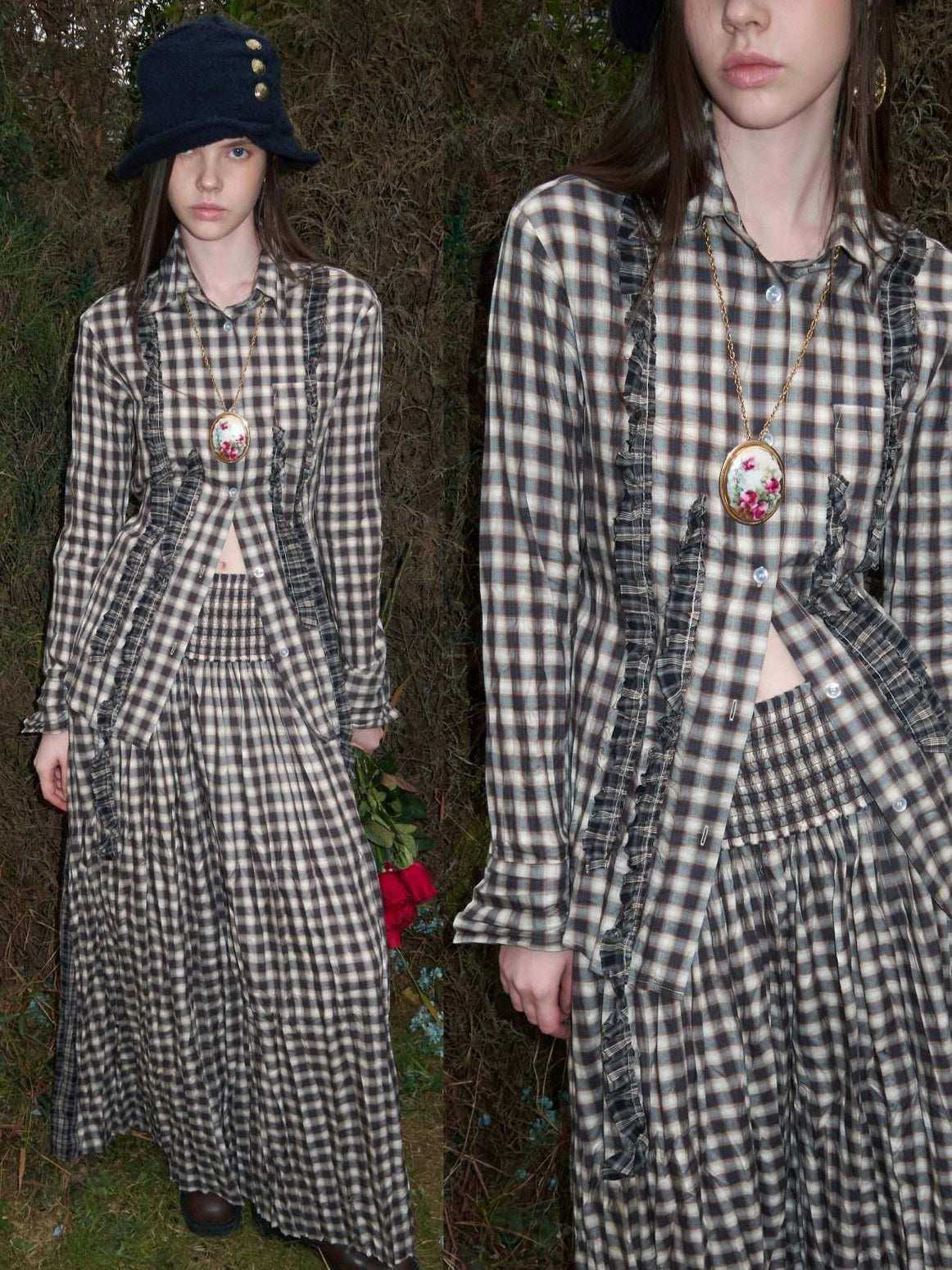 1JINN STUDIO Crinkle Checked Shirt With Pleated Maxi Skirt Women Casual Chic Top & Skirt Sets