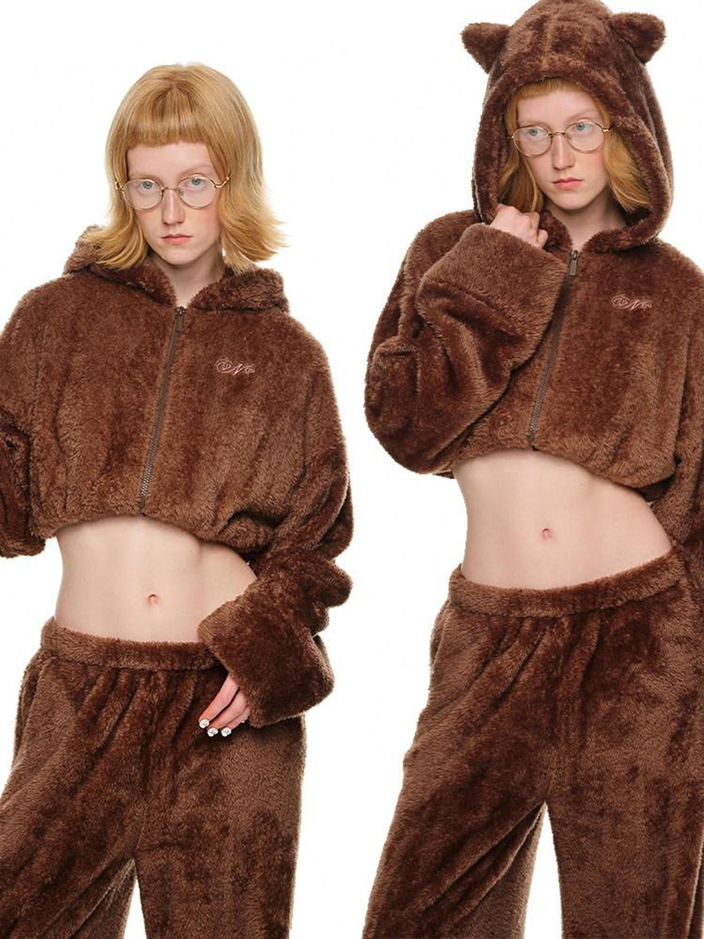 1JINN STUDIO Cropped Pullover Long Sleeve Straight Leg Brown Ivory Women Top & Pants Sets