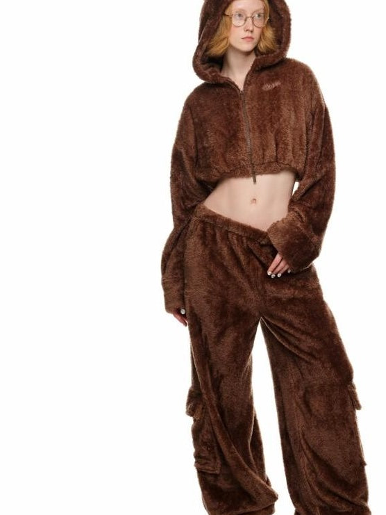 1JINN STUDIO Cropped Pullover Long Sleeve Straight Leg Brown Ivory Women Top & Pants Sets