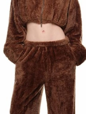 1JINN STUDIO Cropped Pullover Long Sleeve Straight Leg Brown Ivory Women Top & Pants Sets