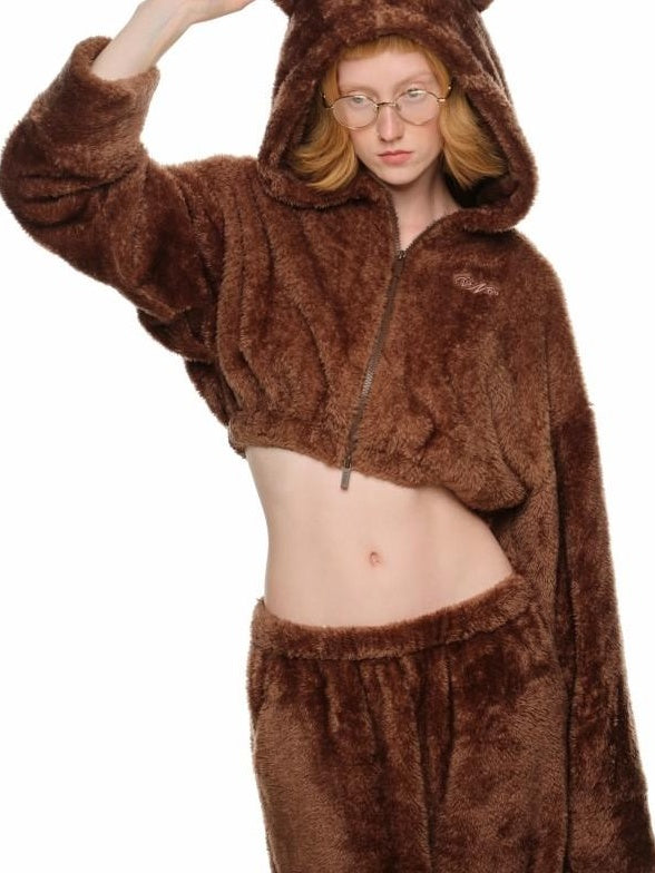 1JINN STUDIO Cropped Pullover Long Sleeve Straight Leg Brown Ivory Women Top & Pants Sets
