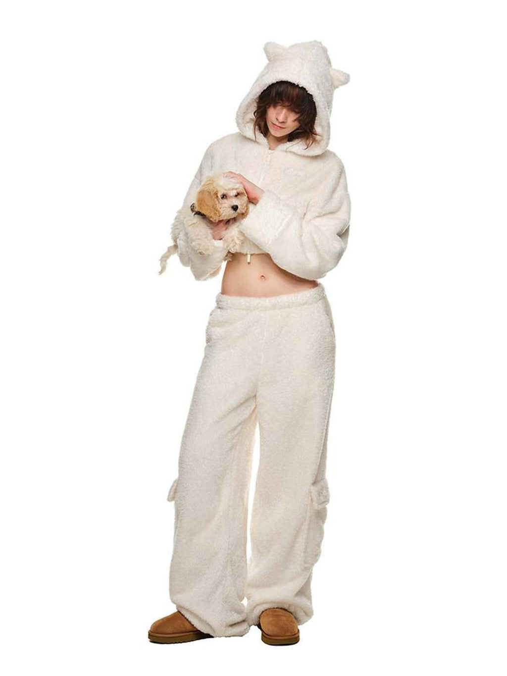 1JINN STUDIO Cropped Pullover Long Sleeve Straight Leg Brown Ivory Women Top & Pants Sets