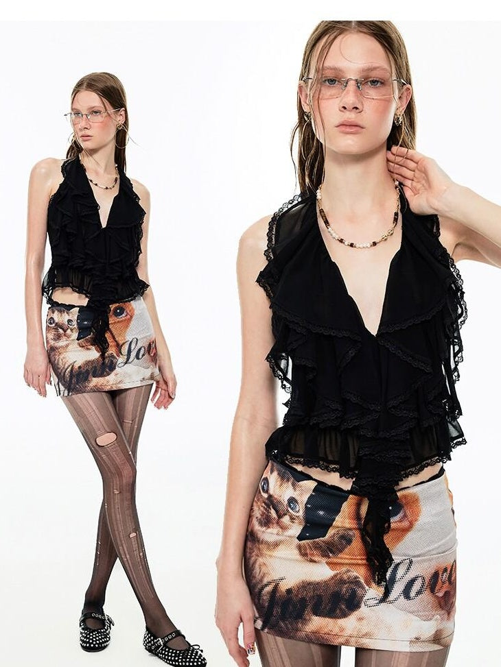 1JINN STUDIO Cute Puppy Cat Print Casual Low Waist Slim Hline For Women Polyester Mini Skirts