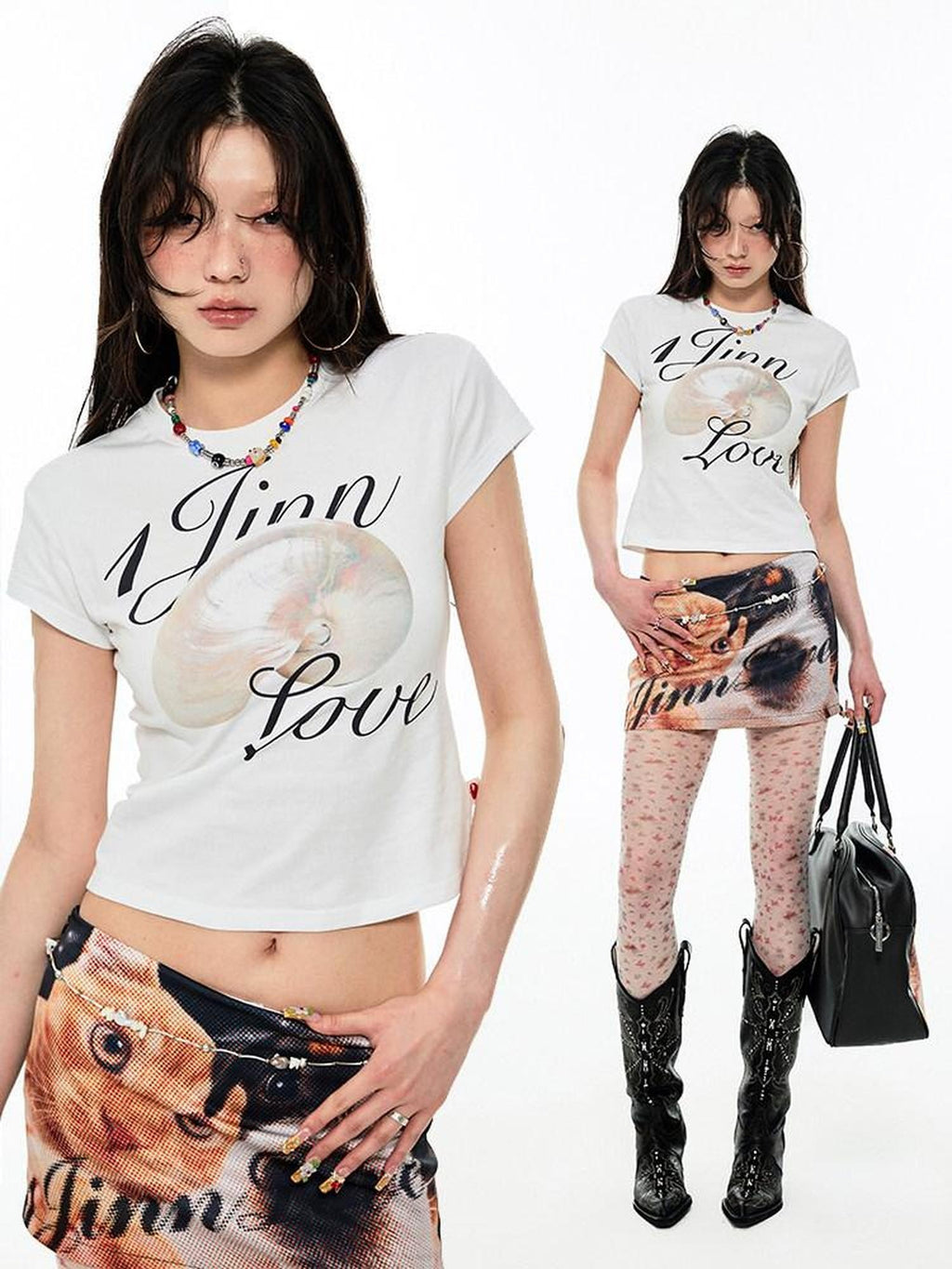 1JINN STUDIO Cute Puppy Cat Print Casual Low Waist Slim Hline For Women Polyester Mini Skirts
