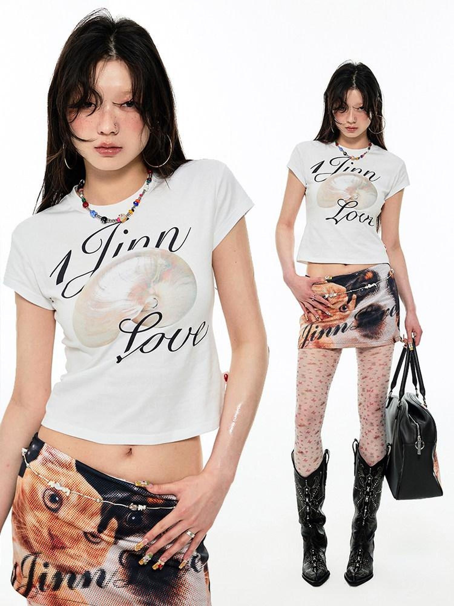 1JINN STUDIO Cute Puppy Cat Print Casual Low Waist Slim Hline For Women Polyester Mini Skirts