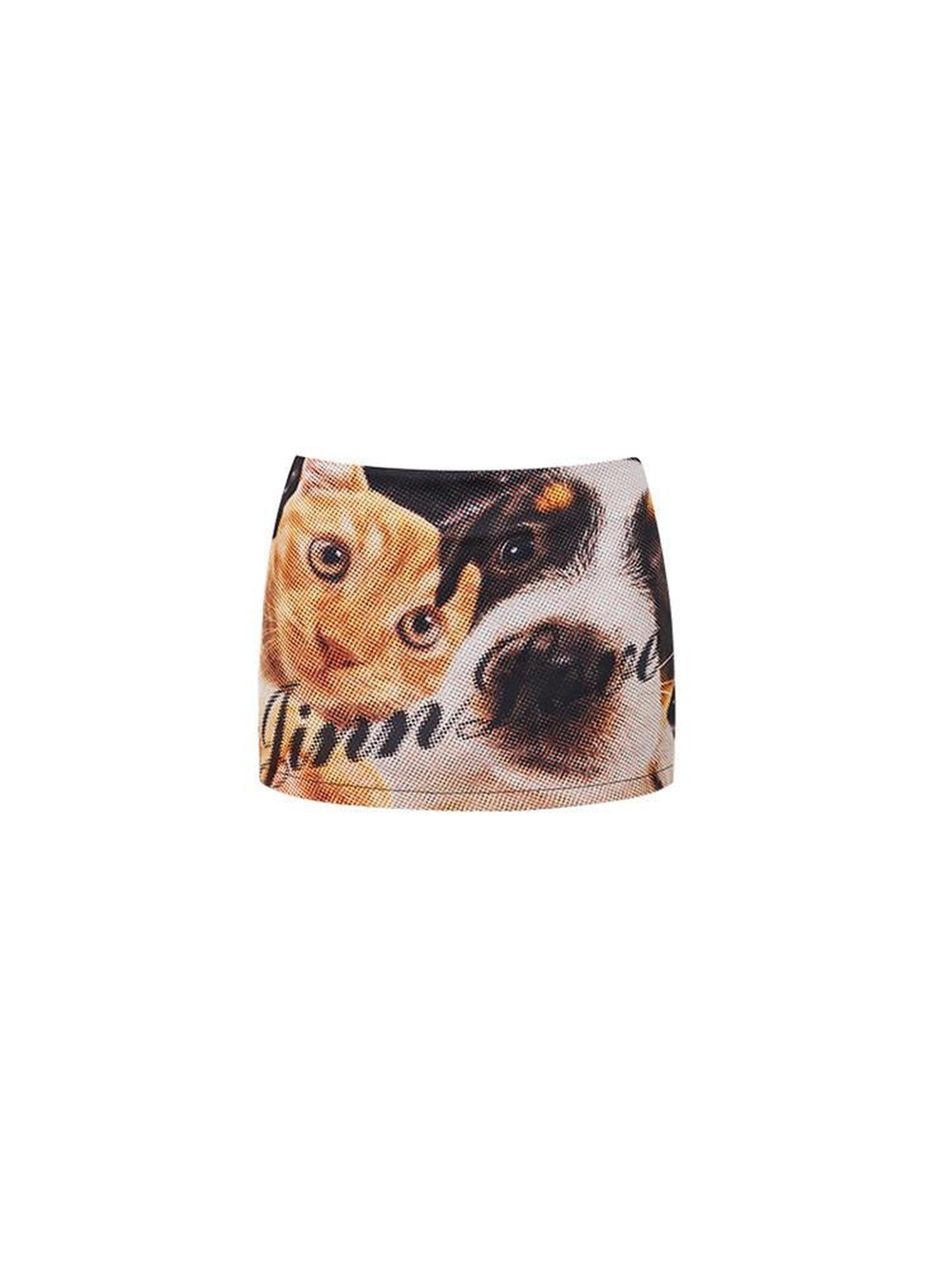 1JINN STUDIO Cute Puppy Cat Print Casual Low Waist Slim Hline For Women Polyester Mini Skirts