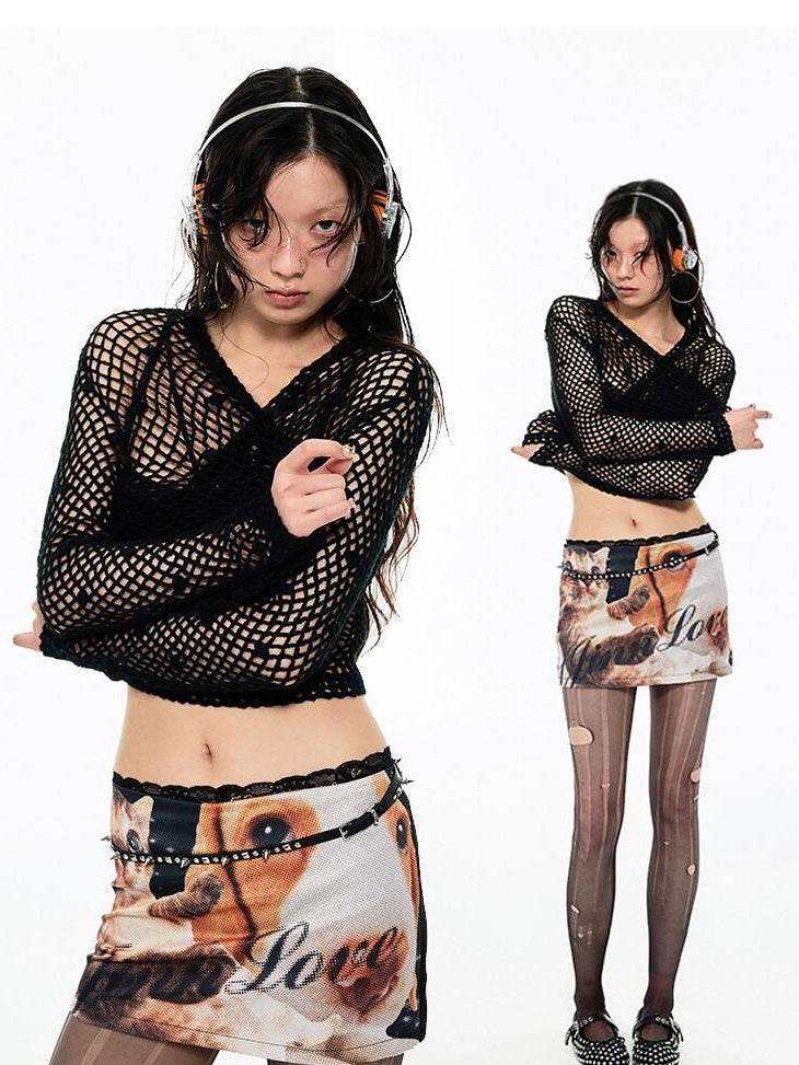1JINN STUDIO Cute Puppy Cat Print Casual Low Waist Slim Hline For Women Polyester Mini Skirts