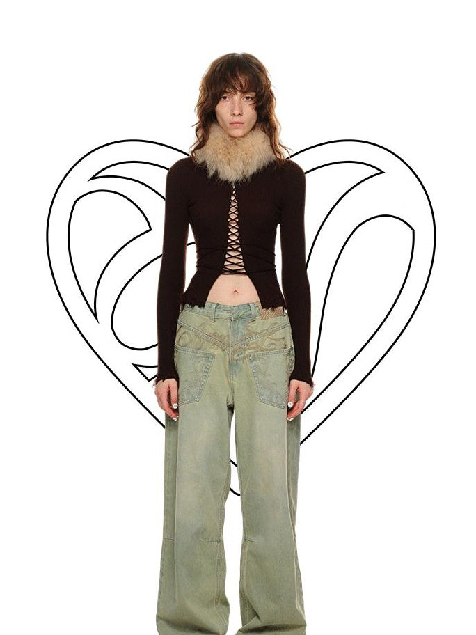 1JINN STUDIO Cute Tie Detail Cropped High Neck Pullover Women Solid Knit Long Sleeve T-Shirts