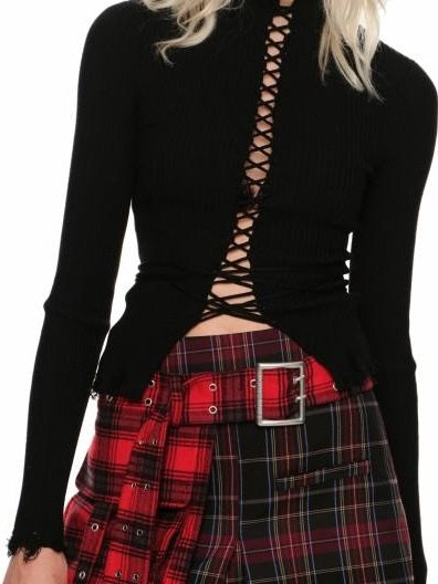 1JINN STUDIO Cute Tie Detail Cropped High Neck Pullover Women Solid Knit Long Sleeve T-Shirts