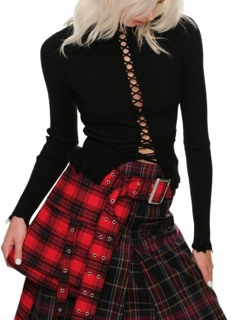 1JINN STUDIO Cute Tie Detail Cropped High Neck Pullover Women Solid Knit Long Sleeve T-Shirts