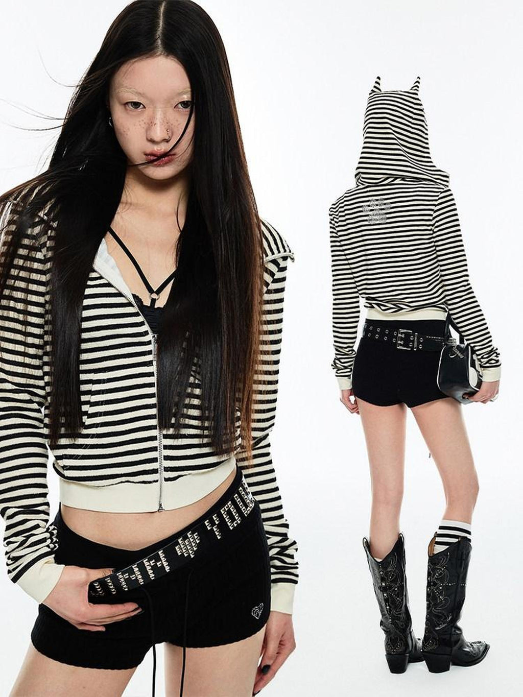 1JINN STUDIO Demon Horn Detail Striped Slim Short Hooded Casual Women Zip Hoodies