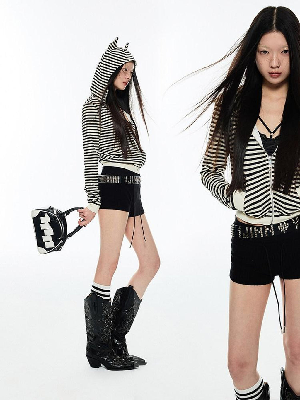 1JINN STUDIO Demon Horn Detail Striped Slim Short Hooded Casual Women Zip Hoodies