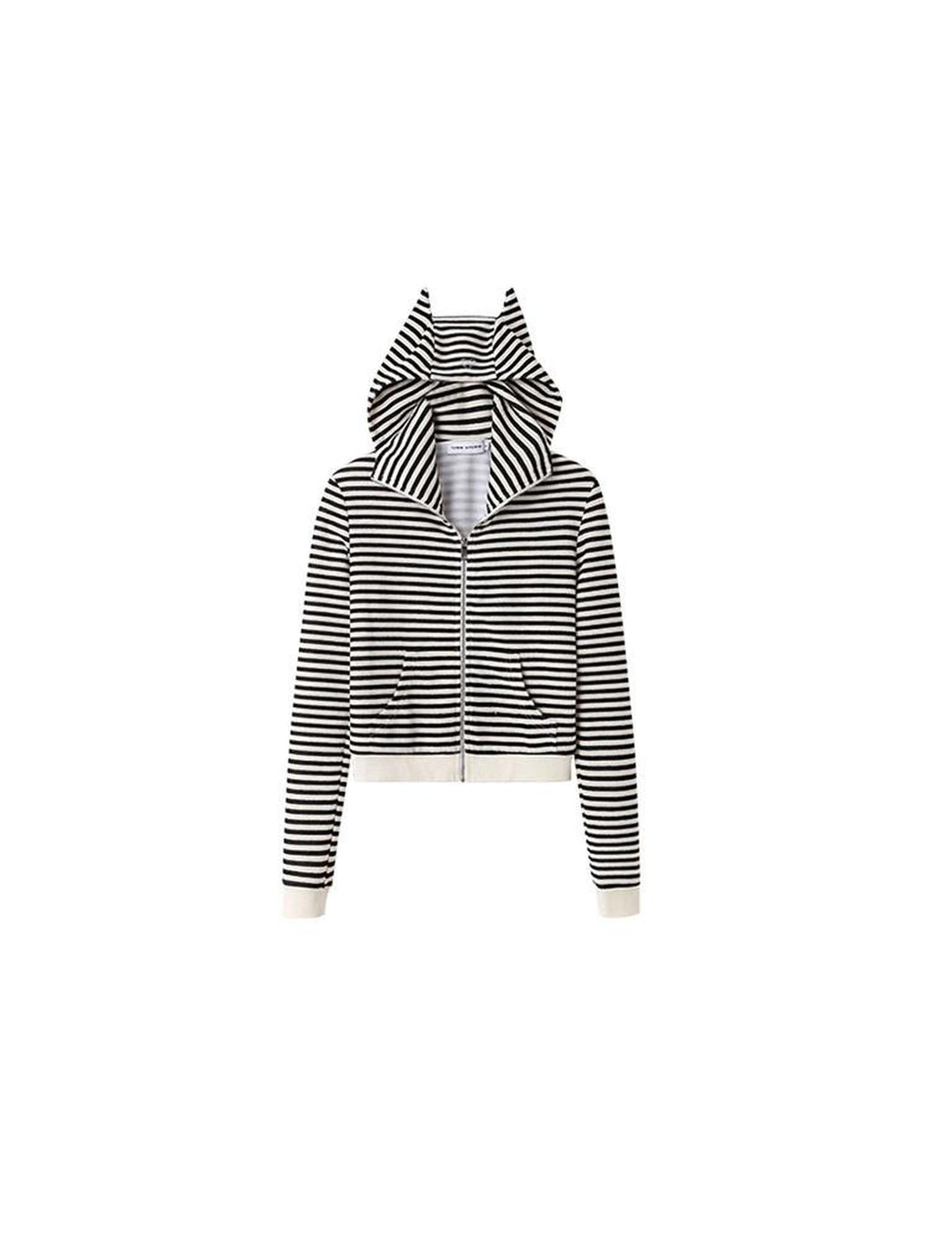 1JINN STUDIO Demon Horn Detail Striped Slim Short Hooded Casual Women Zip Hoodies