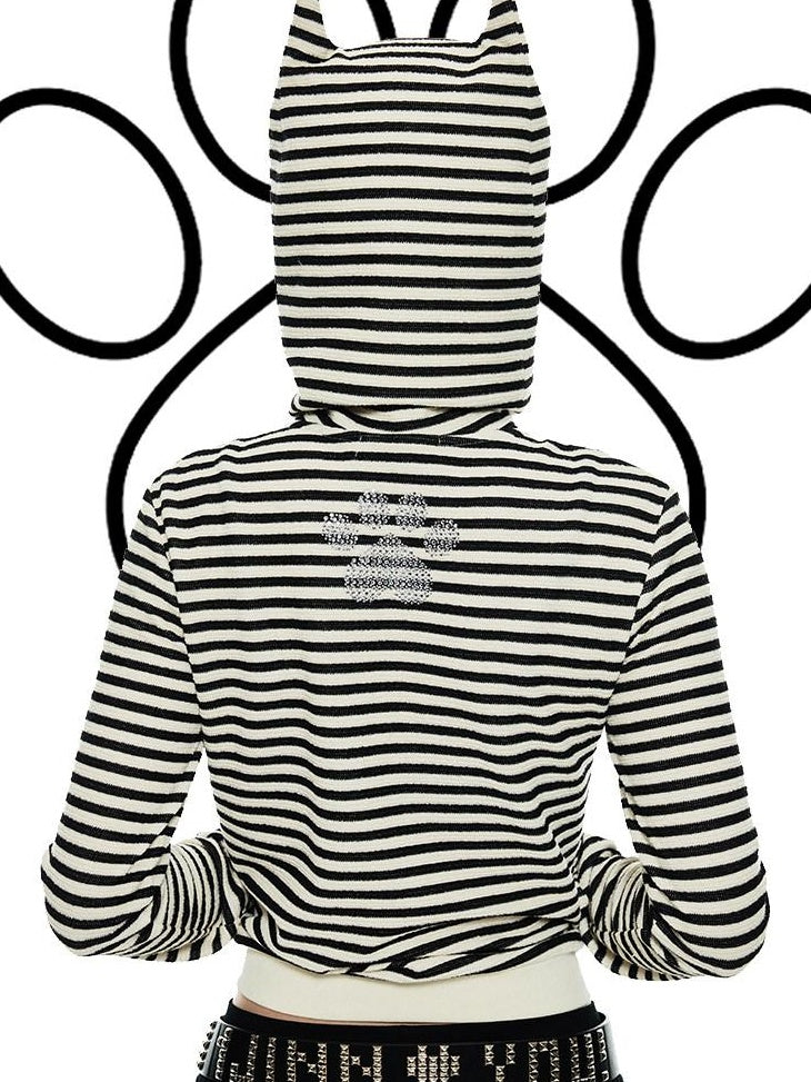 1JINN STUDIO Demon Horn Detail Striped Slim Short Hooded Casual Women Zip Hoodies