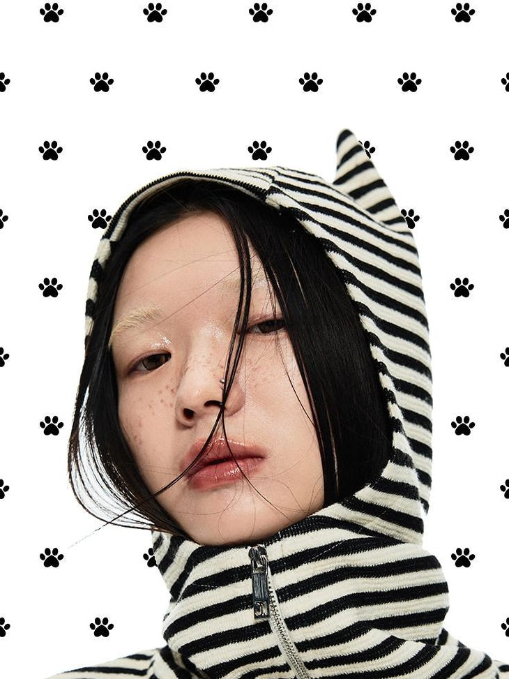 1JINN STUDIO Demon Horn Detail Striped Slim Short Hooded Casual Women Zip Hoodies