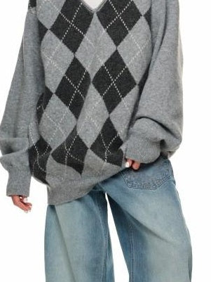 1JINN STUDIO Diamond V-neck Relaxed Fit Office Workwear Two Piece Knit Pullovers
