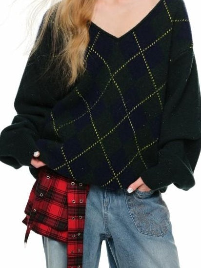 1JINN STUDIO Diamond V-neck Relaxed Fit Office Workwear Two Piece Knit Pullovers