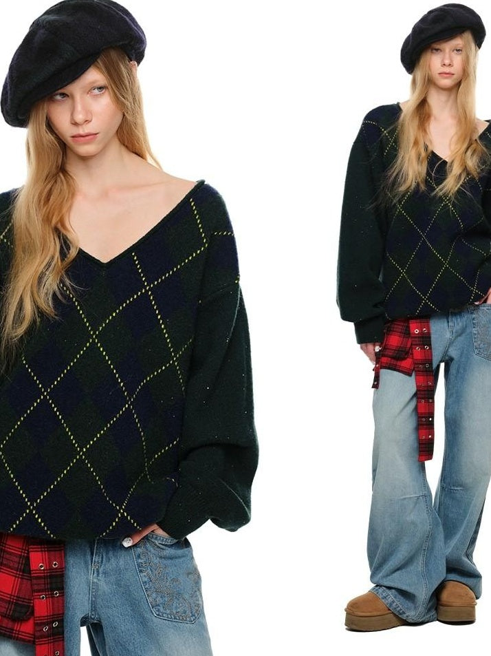 1JINN STUDIO Diamond V-neck Relaxed Fit Office Workwear Two Piece Knit Pullovers