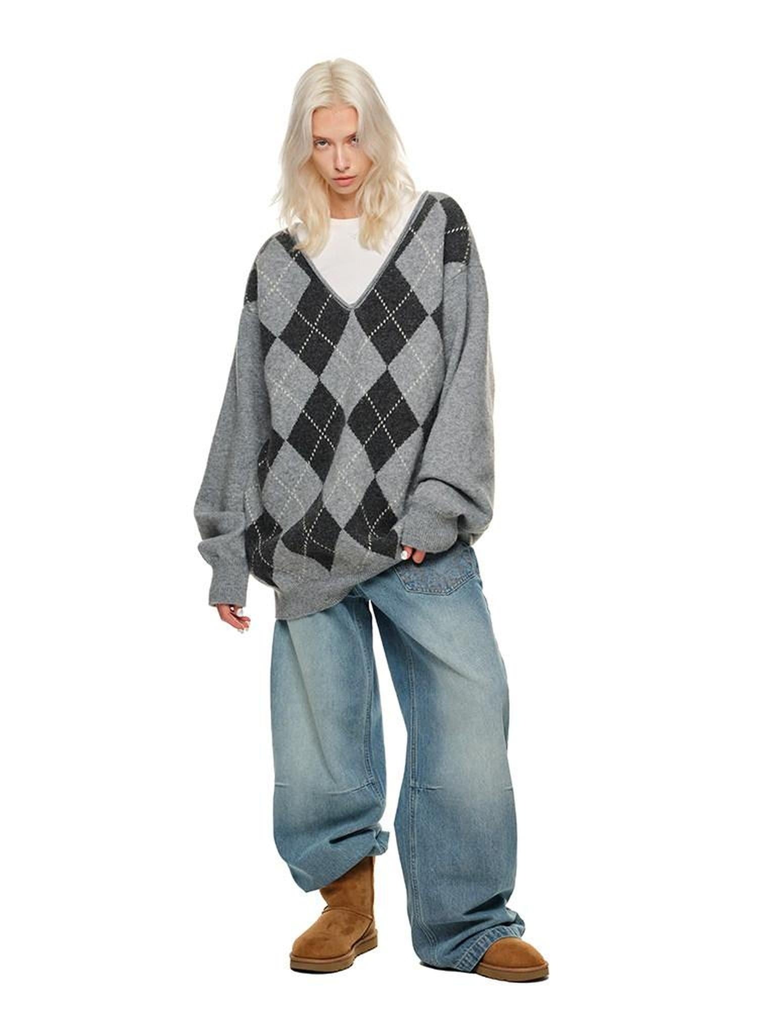 1JINN STUDIO Diamond V-neck Relaxed Fit Office Workwear Two Piece Knit Pullovers